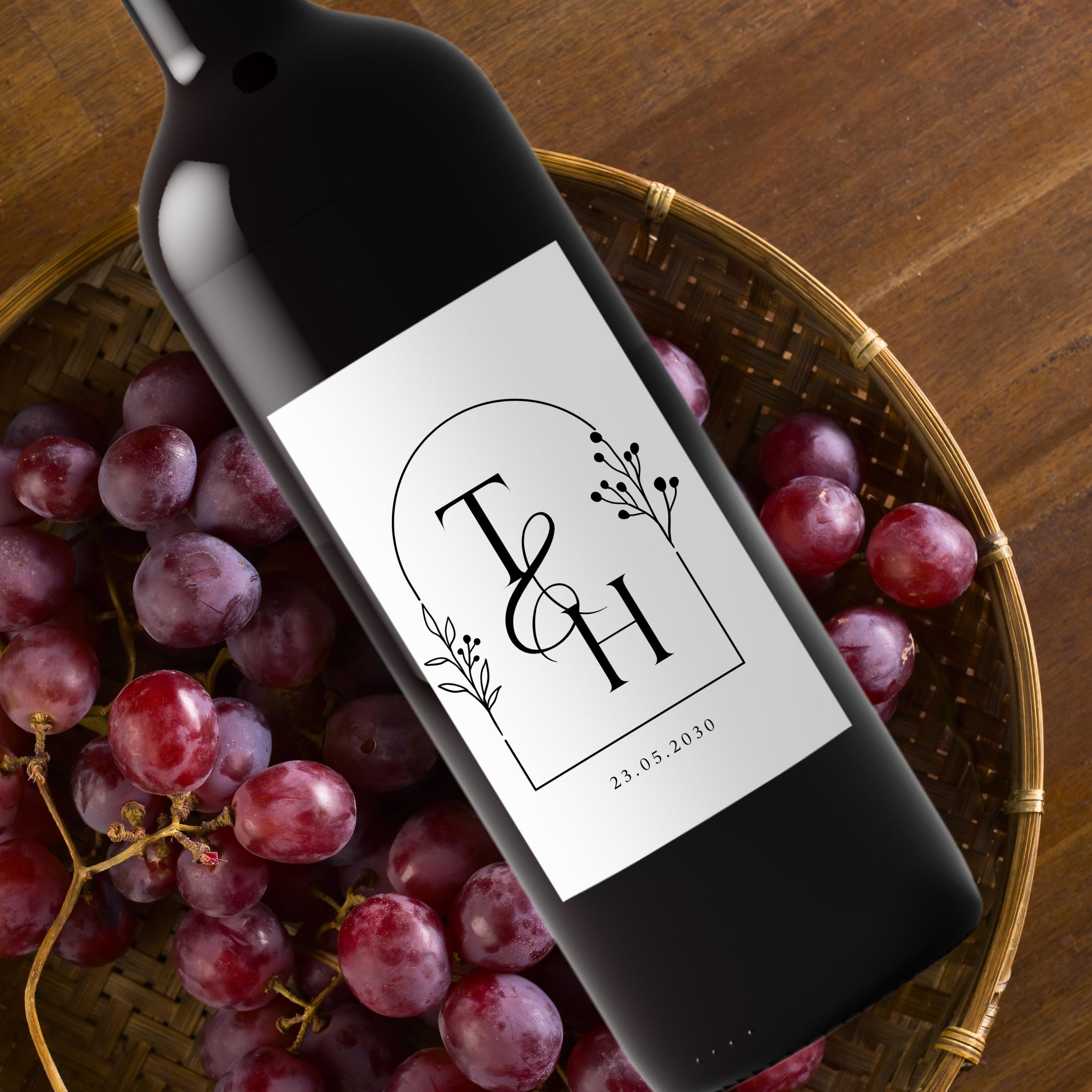 Elegant Floral Wedding Wine Labels | Personalized Initials & Date | Set of 4 Wine Bottle Wraps | Self Adhesive