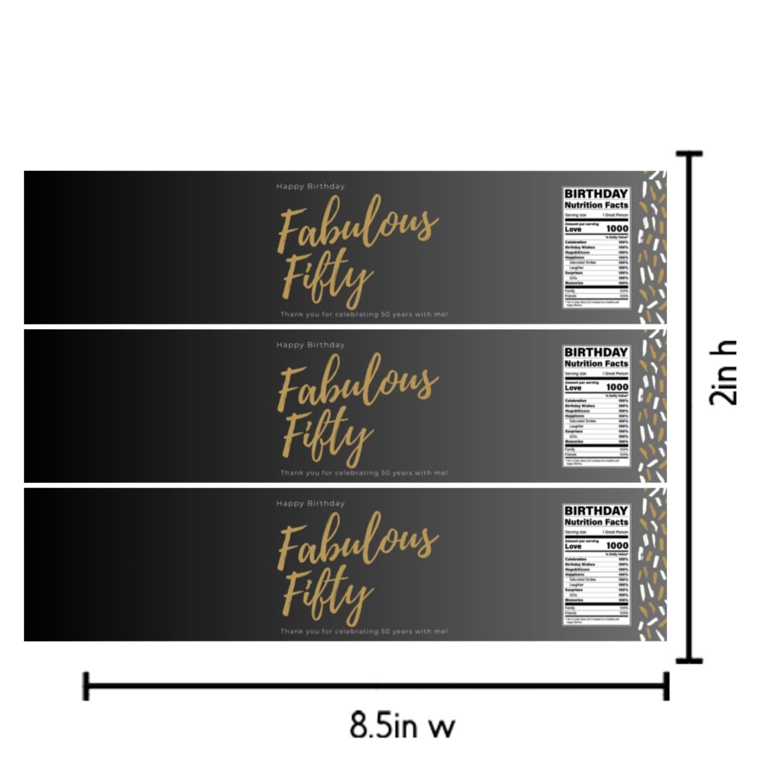Fabulous Fifty Water Bottle Labels | 50th Birthday Party Decor | Set of 12 Bottle Wraps | 2in H x 8.5in W