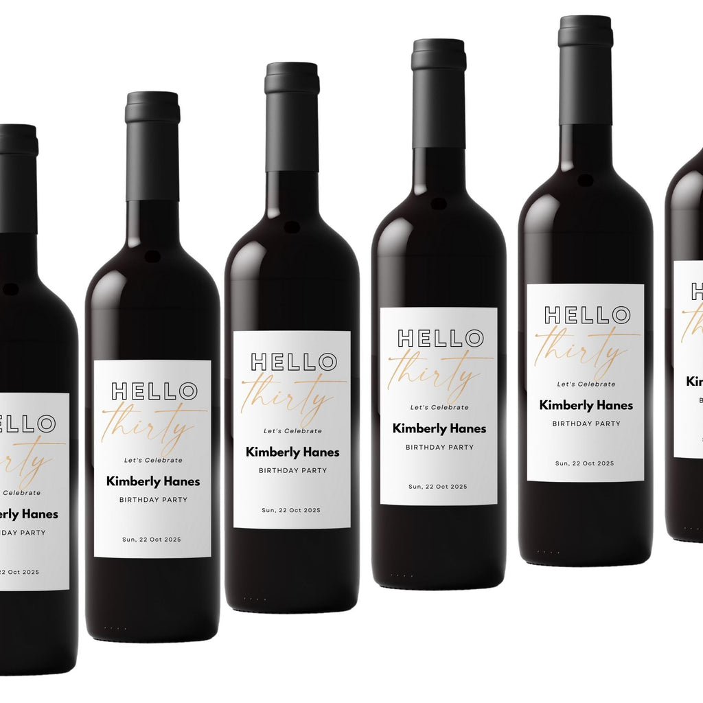 Hello 30 Wine Bottle Labels | 30th Birthday Party Decor | Glossy Self Adhesive | Set of 4