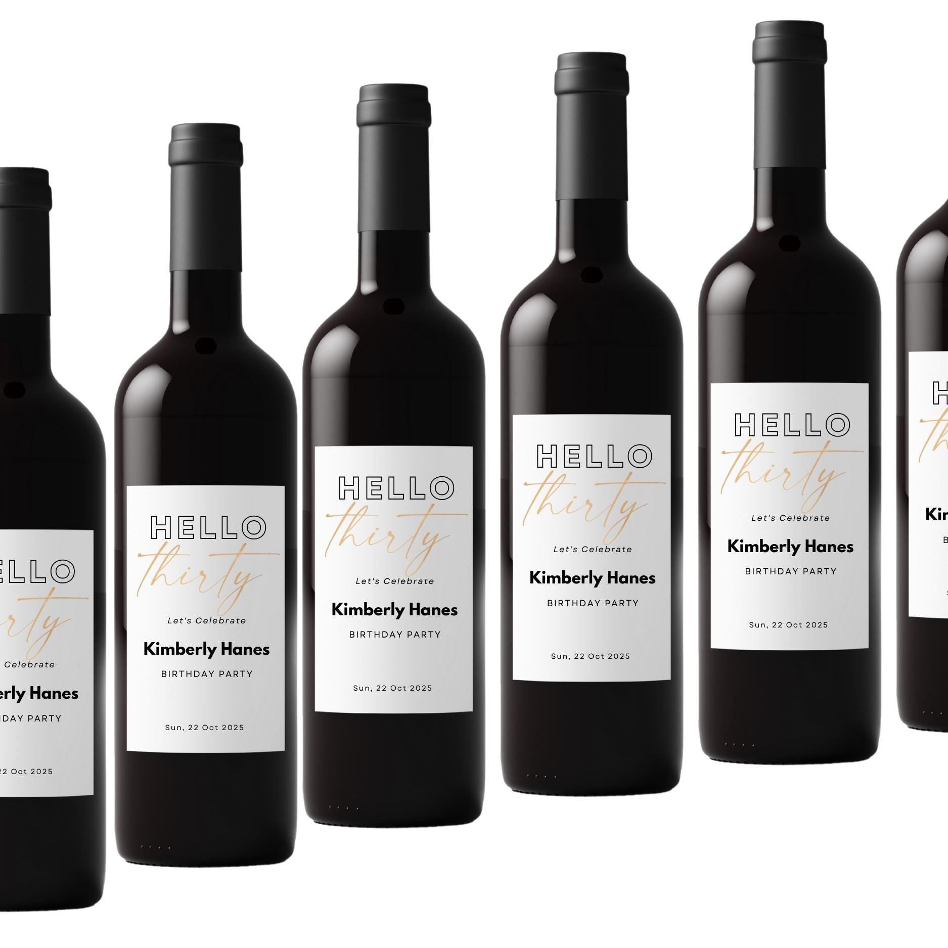 Hello 30 Wine Bottle Labels | 30th Birthday Party Decor | Glossy Self Adhesive | Set of 4