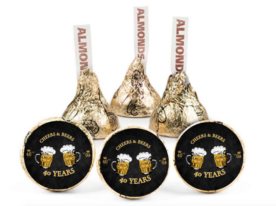 Cheers and Beers to 40 Years| Chocolate Candy kiss Stickers| 100ct| 40th Birthday favors