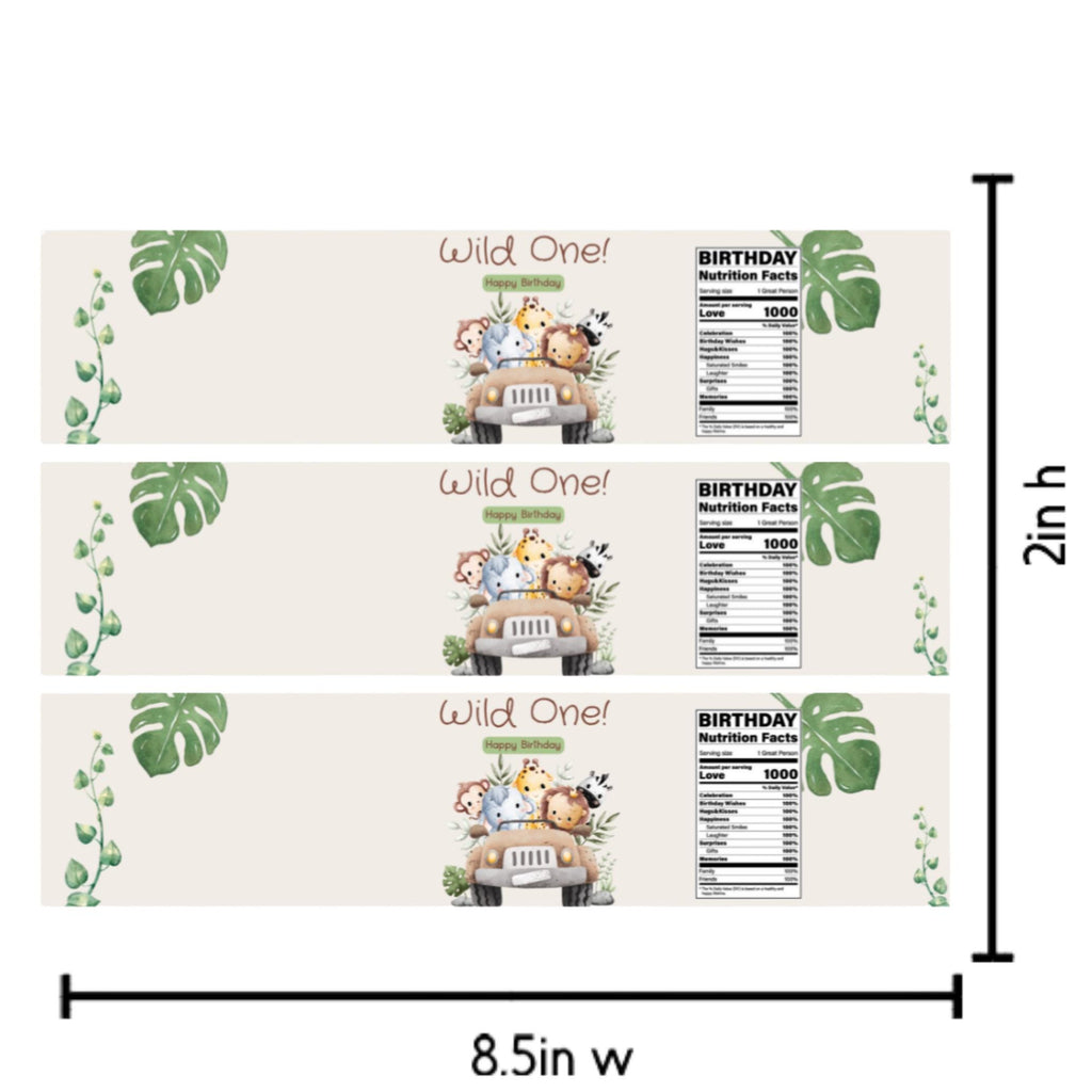 Wild One Safari Water Bottle Labels| 1st Birthday Water Bottle Wraps| 12| Glossy| Animal Theme