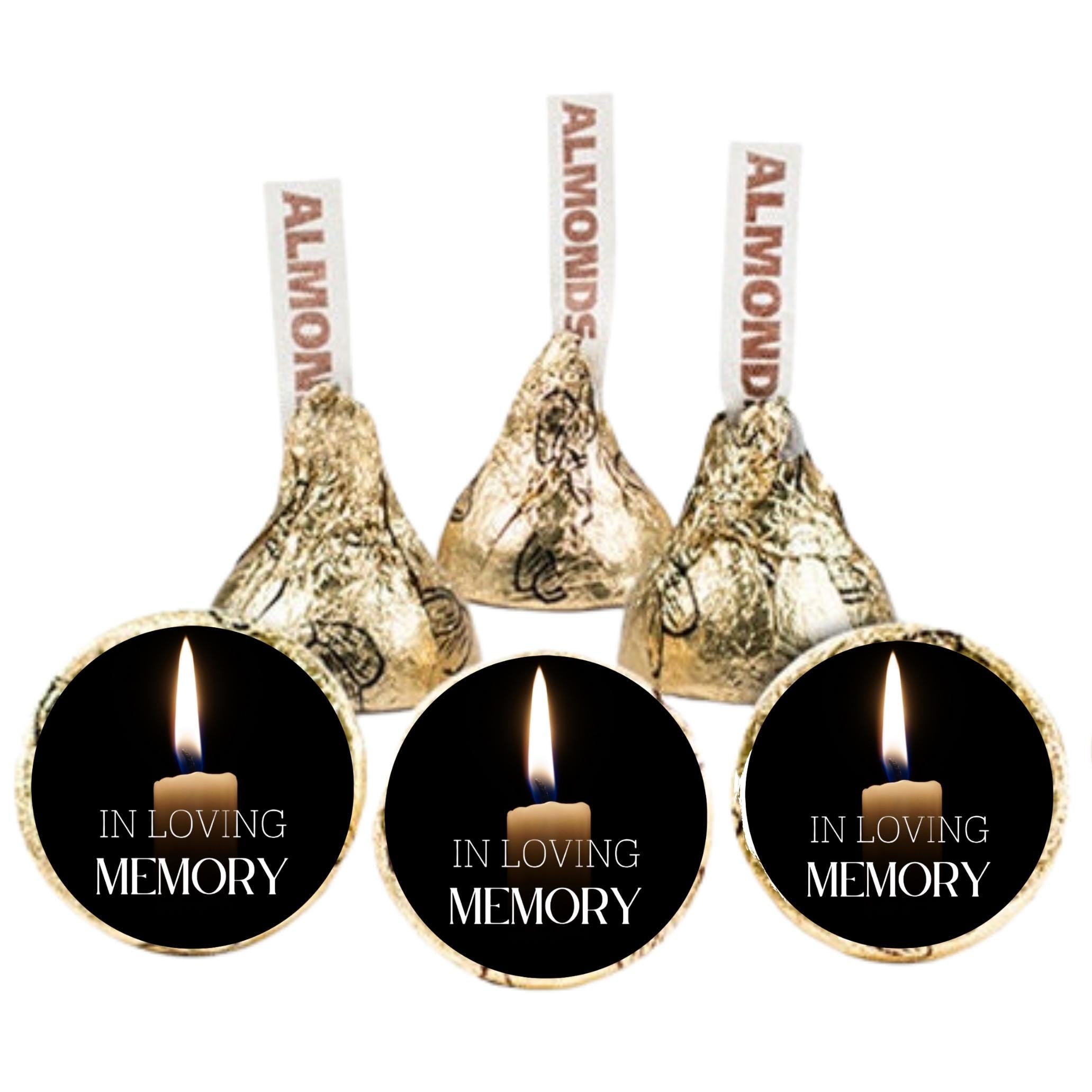 In Loving Memory Candy Stickers | 100 Chocolate Candy Kiss Labels | Glossy 0.75in Peel & Stick | Memorial Table Decorations