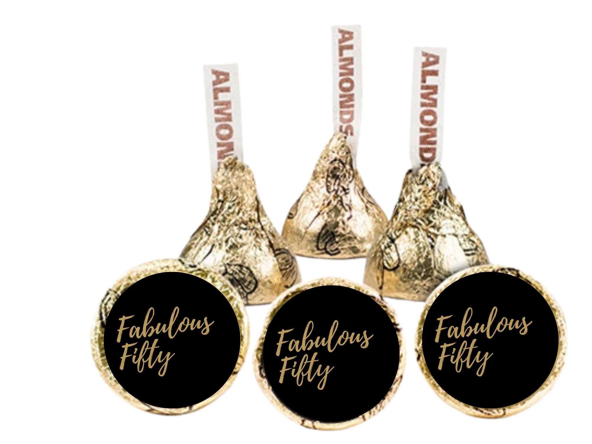 Fabulous Fifty Candy Kiss Stickers | Black Gold 50th Birthday Theme | 100 Pack