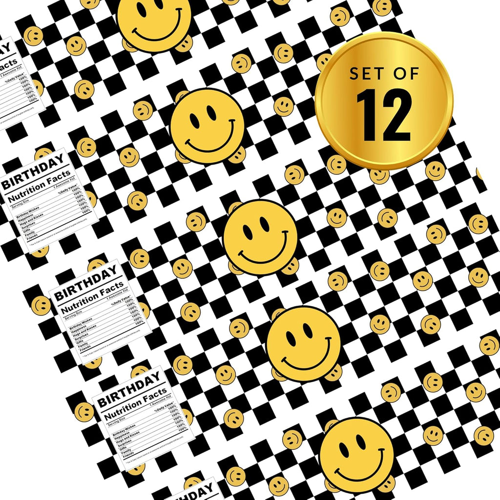Smiley Face Birthday Water Bottle Labels | Checkered Background Party Theme | Yellow Smiley Decor | Set of 12