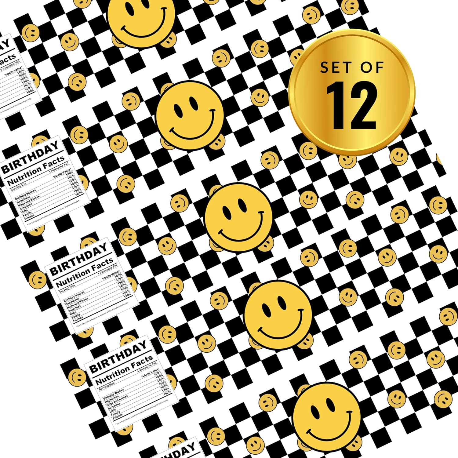 Smiley Face Birthday Water Bottle Labels | Checkered Background Party Theme | Yellow Smiley Decor | Set of 12