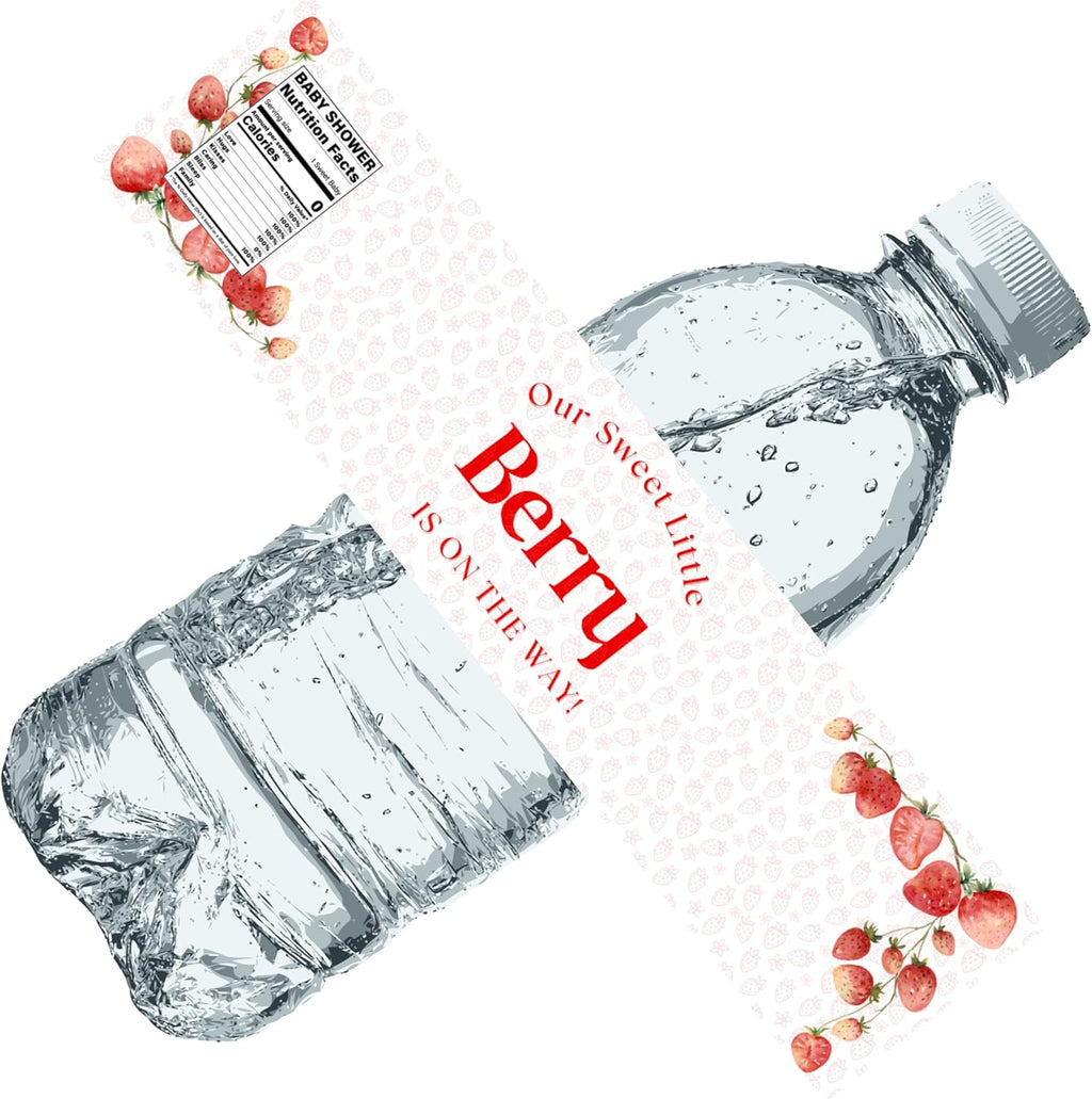 Our Sweet Little Berry is On The Way Water Bottle Labels | Strawberry Baby Shower Theme | Fun Nutrition Facts Panel | 12 PCS | Glossy