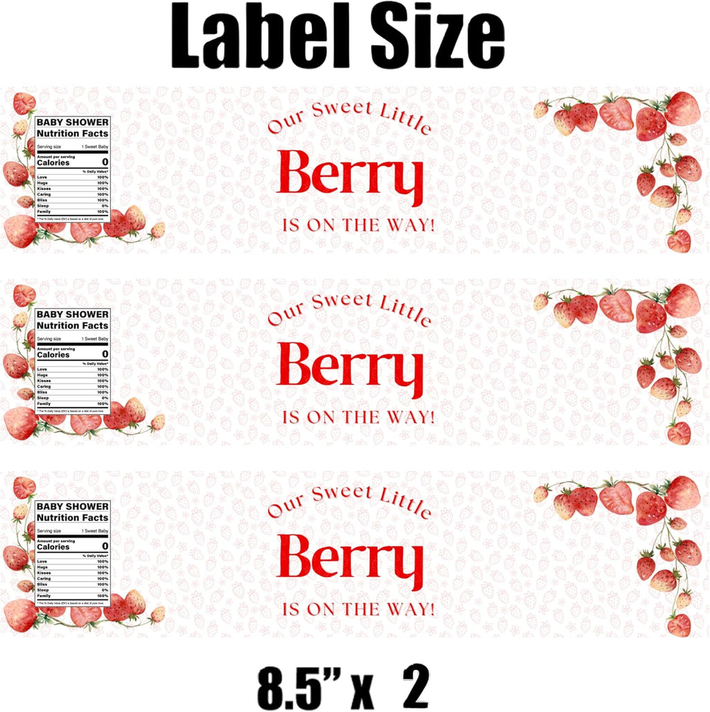 Our Sweet Little Berry is On The Way Water Bottle Labels | Strawberry Baby Shower Theme | Fun Nutrition Facts Panel | 12 PCS | Glossy