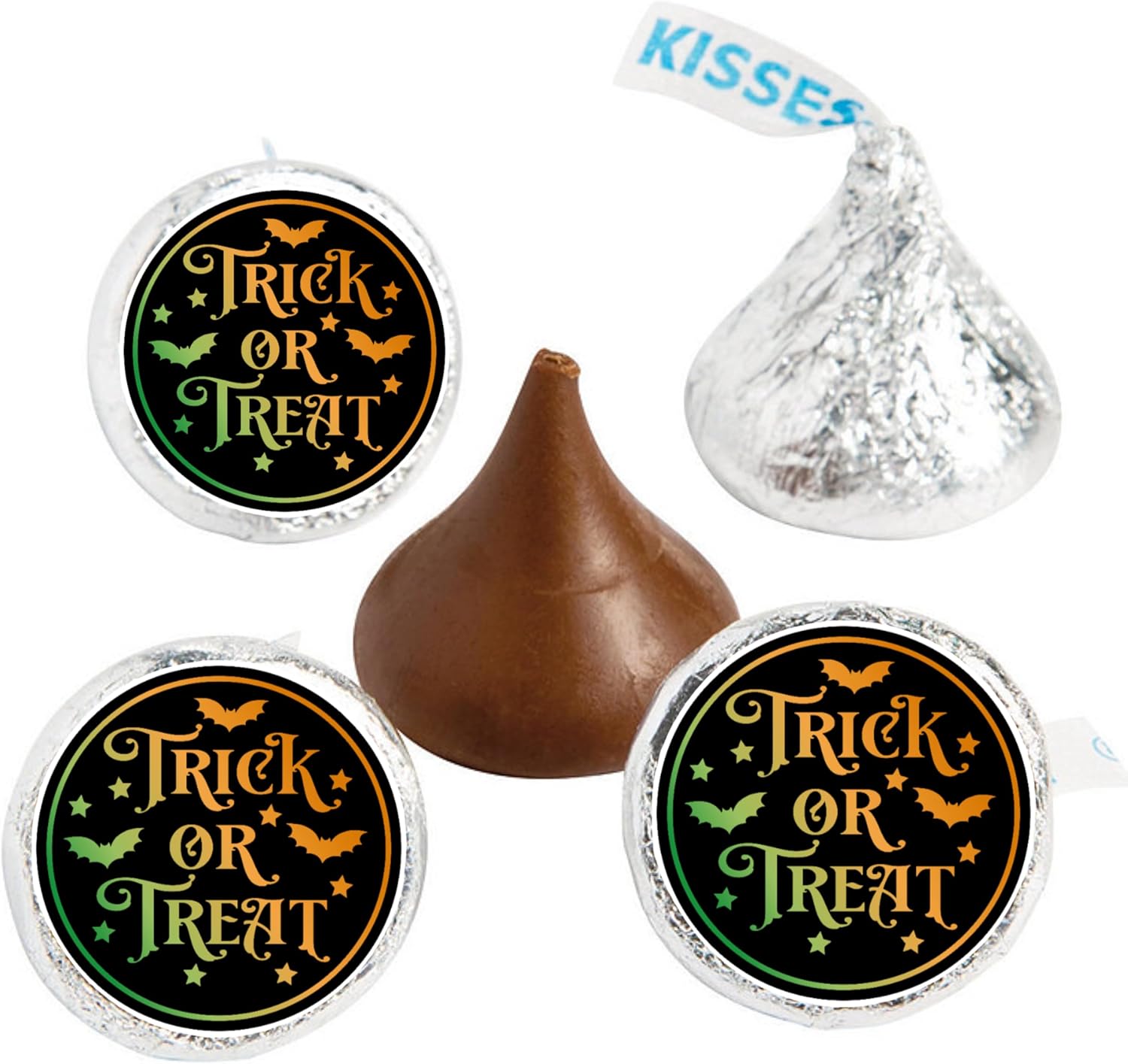 Trick or Treat Kiss Candy Stickers | Halloween Candy Favors | Glossy | 100 Count 0.75in