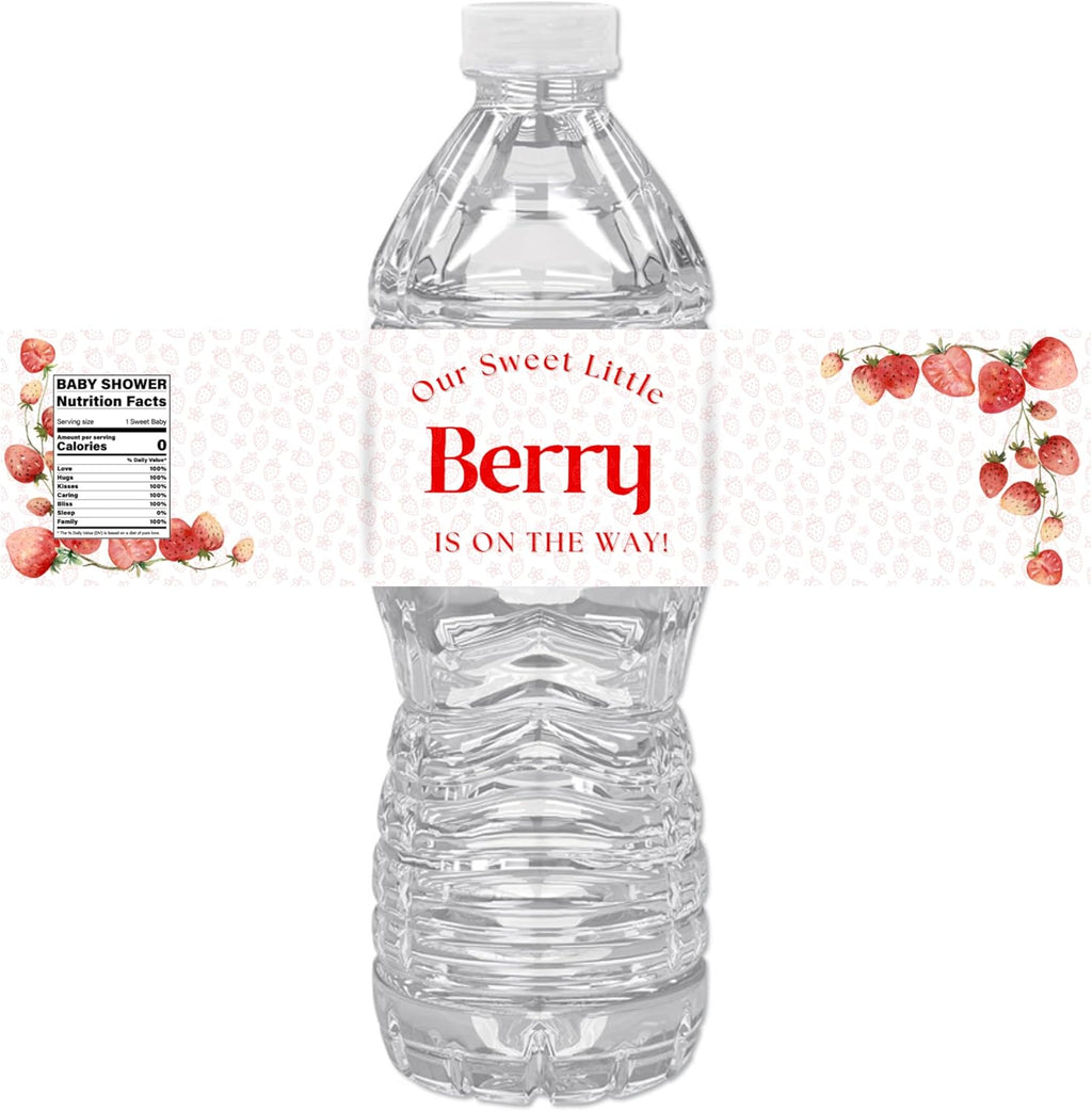 Our Sweet Little Berry is On The Way Water Bottle Labels | Strawberry Baby Shower Theme | Fun Nutrition Facts Panel | 12 PCS | Glossy