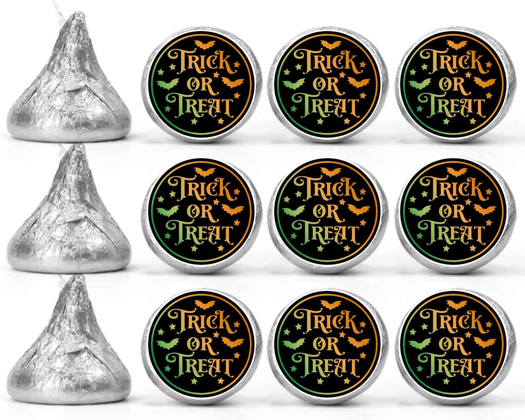 Trick or Treat Kiss Candy Stickers | Halloween Candy Favors | Glossy | 100 Count 0.75in