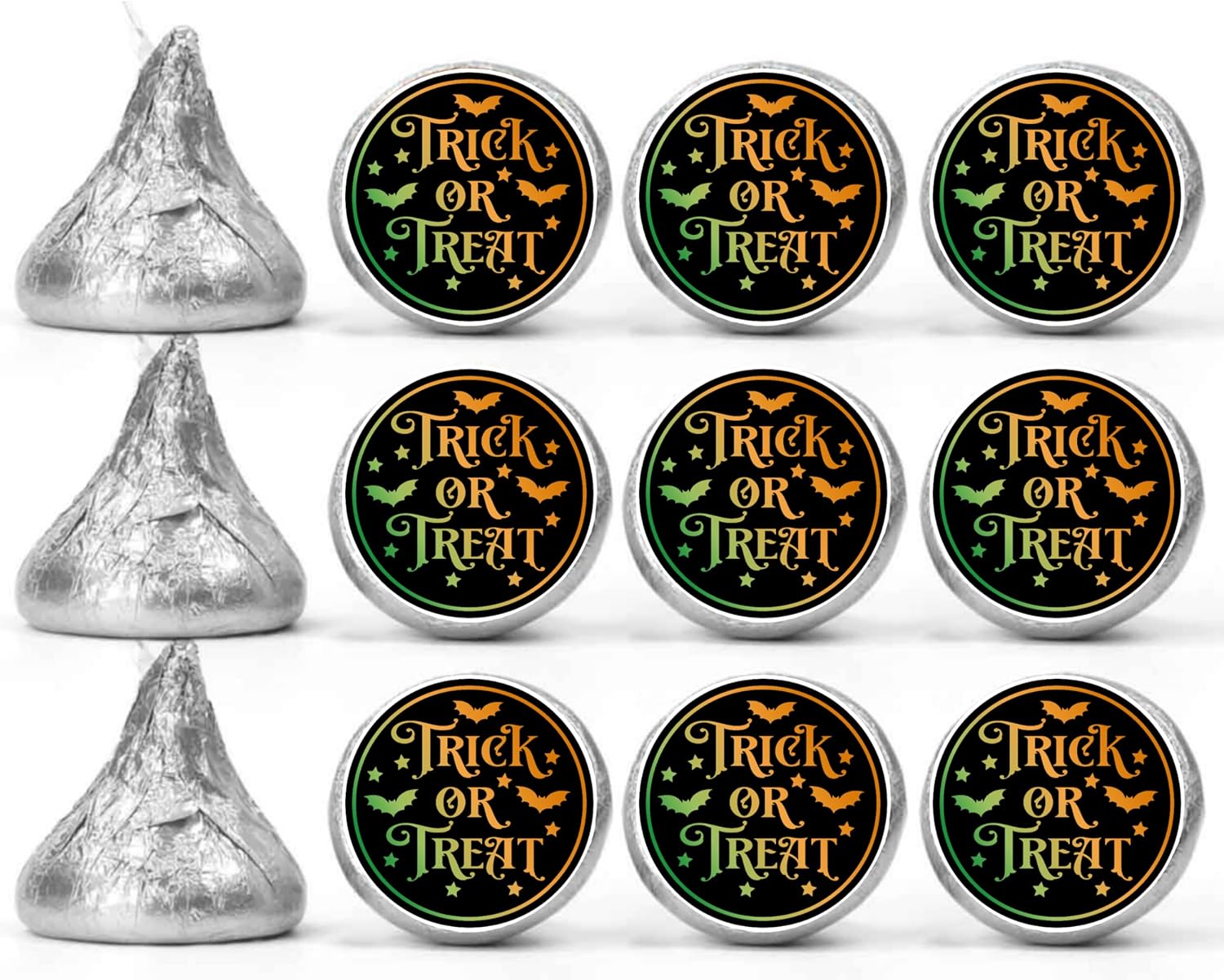 Trick or Treat Kiss Candy Stickers | Halloween Candy Favors | Glossy | 100 Count 0.75in