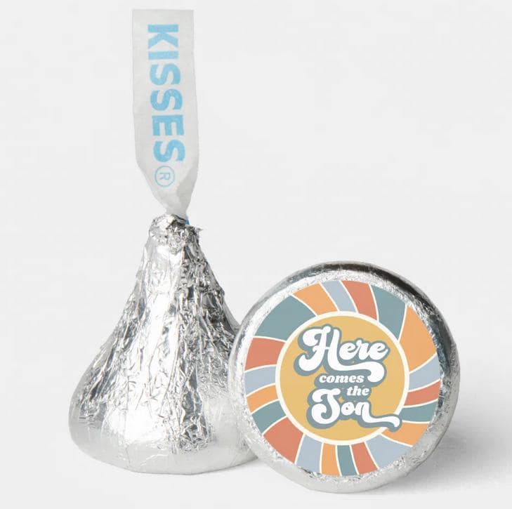 Here Comes the Son Kisses Candy Stickers | 100ct|Glossy| Baby Shower Gender Reveal Party Favors