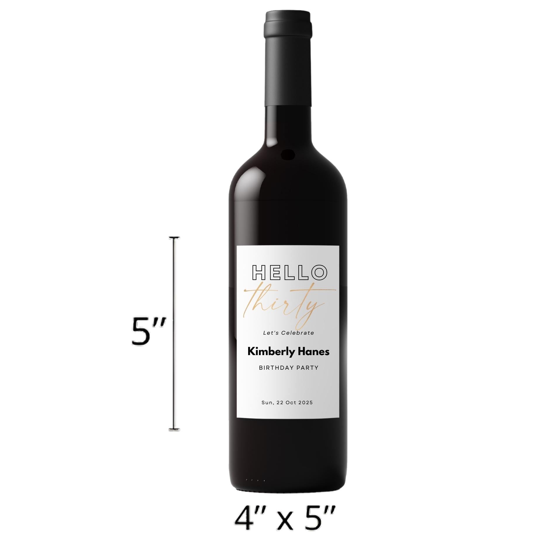 Hello 30 Wine Bottle Labels | 30th Birthday Party Decor | Glossy Self Adhesive | Set of 4