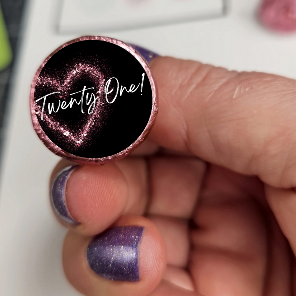 Glam 21st Birthday Kiss Candy Labels | Twenty One Text with Glitter Heart | 100