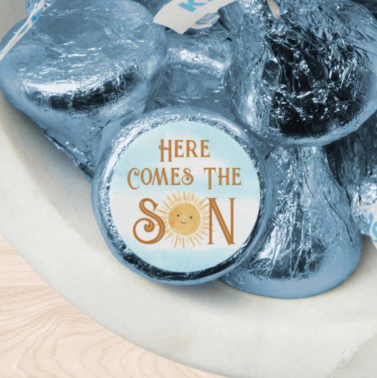 Here Comes the Son Kisses Candy Stickers | 100pcs|0.75in|Baby Shower Favors|Glossy