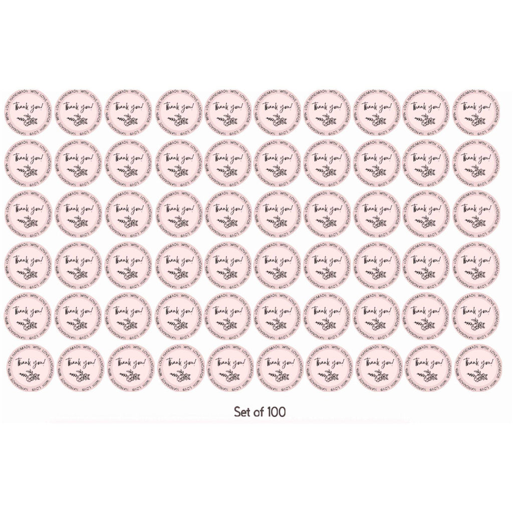 Handmade Thank You Stickers with Floral Design, 2 x 2 inches, Pink, Set of 100