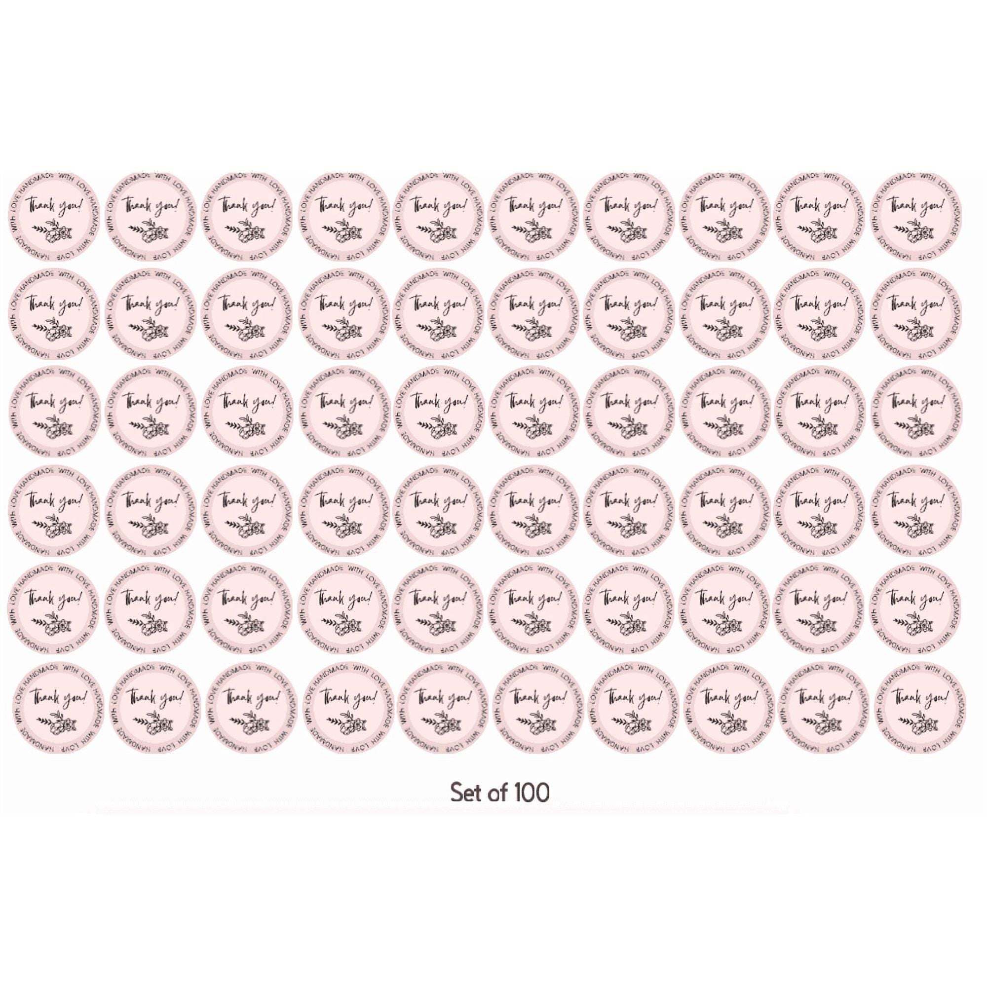 Handmade Thank You Stickers with Floral Design, 2 x 2 inches, Pink, Set of 100