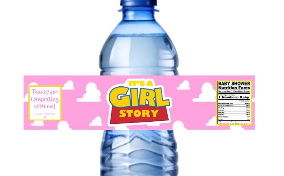 Baby Shower Water Bottle Labels, It's a Girl Story Theme, Pink Cloud Design, 8.5