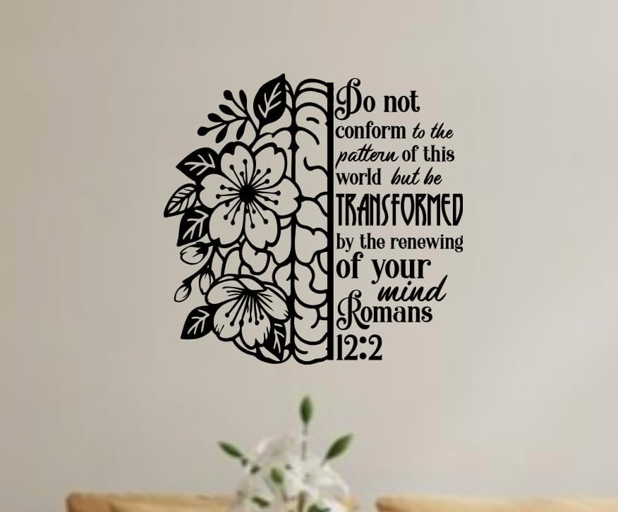 Romans 12:2 Bible Verse Wall Decal, Floral Design with Scripture Quote, 11.8in W x 11.5in H, Black