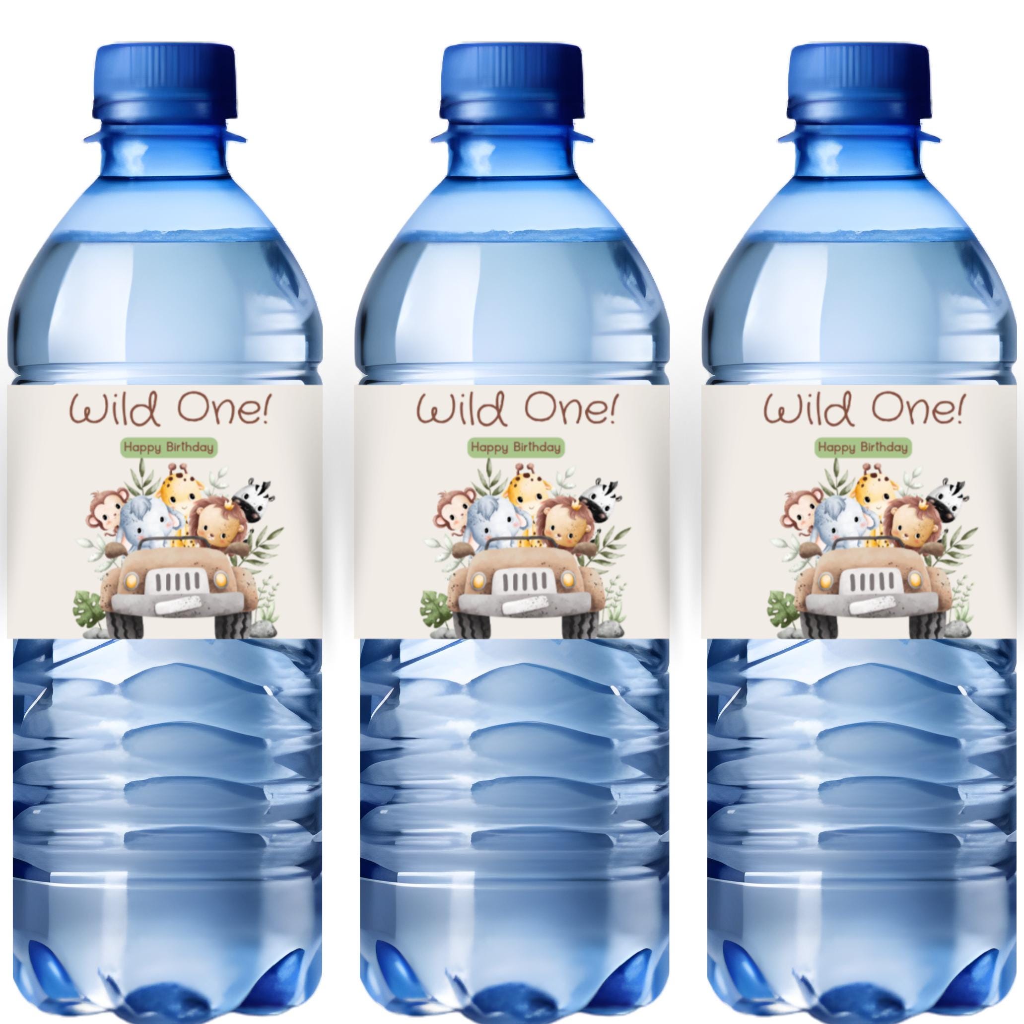 Wild One Safari Water Bottle Labels| 1st Birthday Water Bottle Wraps| 12| Glossy| Animal Theme