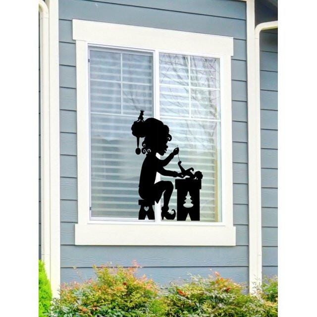 Christmas Large Santa's Elf sewing a Teddy Bear Present Window Cling Decal