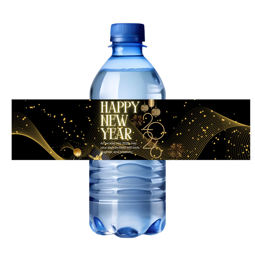 Happy New Years 2026 Water Bottle Labels |New Years Gold Design|12|Glossy| Festive bottle labels