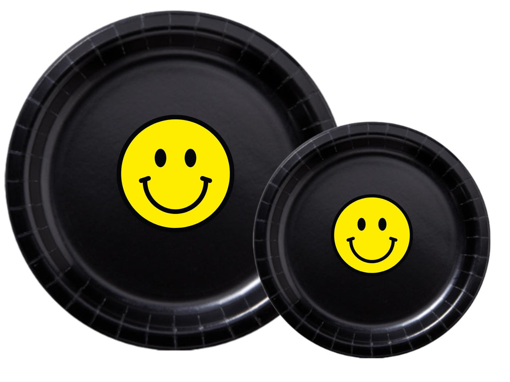 Smiley Face Party Supplies | Black Paper Plates Set | Modern Party Table Decor