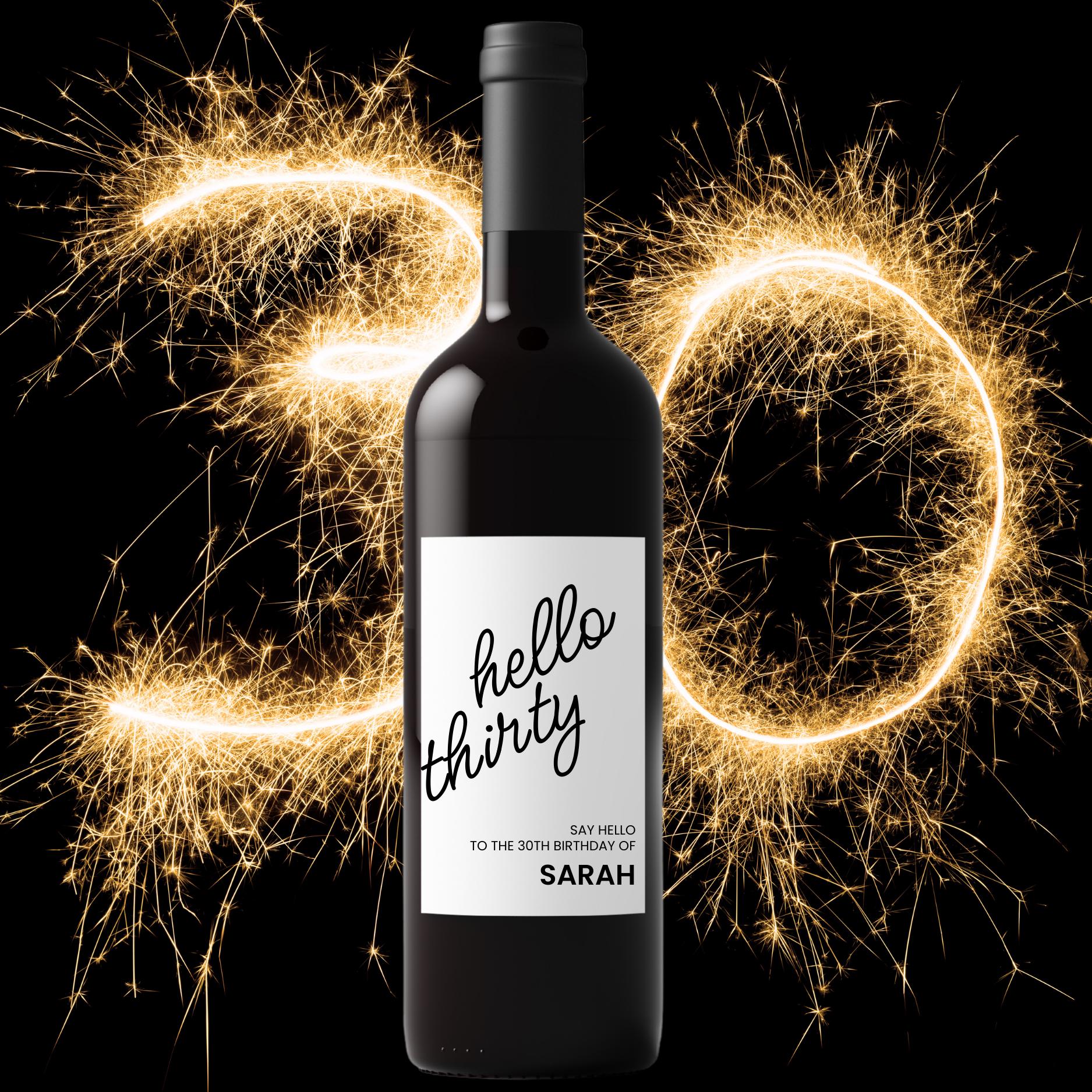 Hello Thirty Personalized 30th Birthday Wine Bottle Labels | Custom Name Bottle Decor | Glossy Finish|4pcs