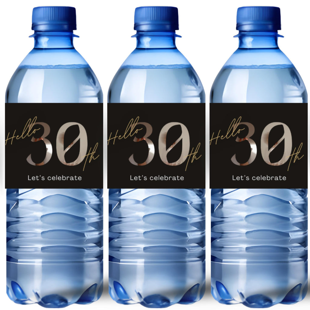 30th Birthday Water Bottle Labels | Hello 30th Lets Celebrate | Party Table Bottle Wraps | Glossy