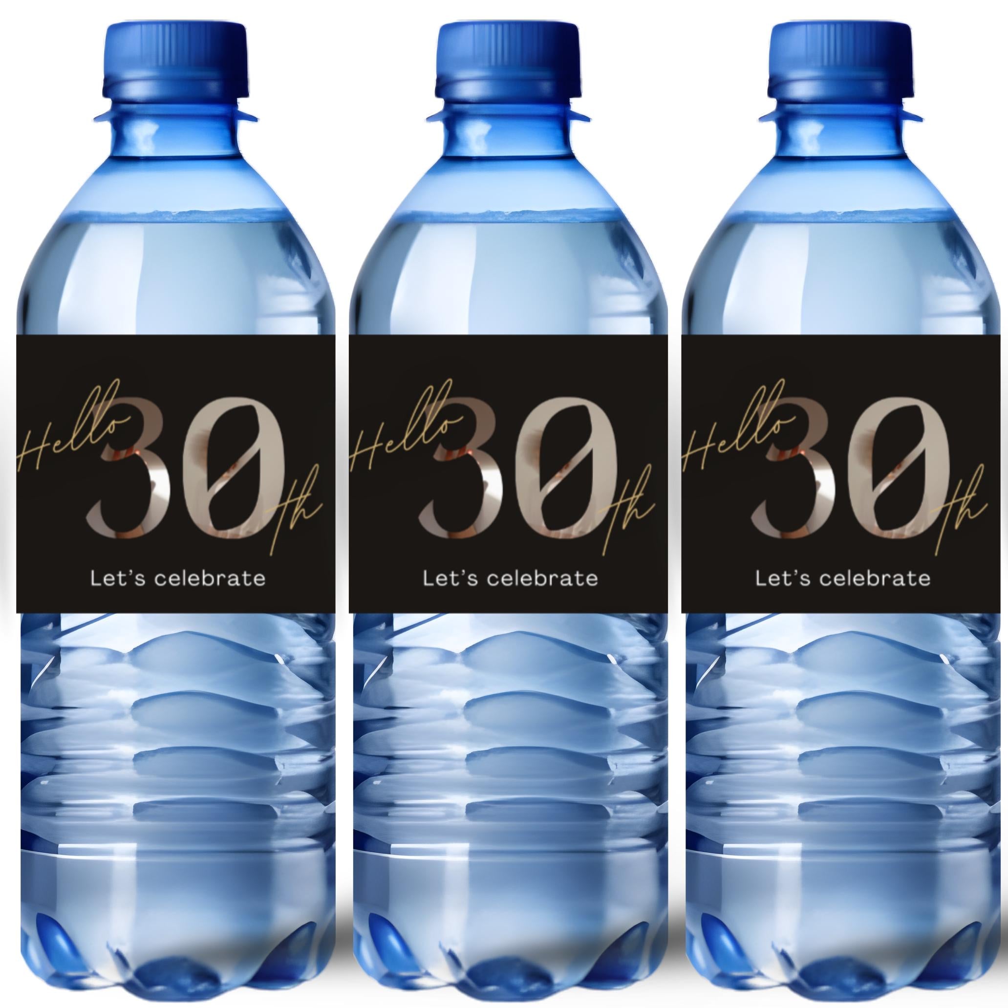 30th Birthday Water Bottle Labels | Hello 30th Lets Celebrate | Party Table Bottle Wraps | Glossy