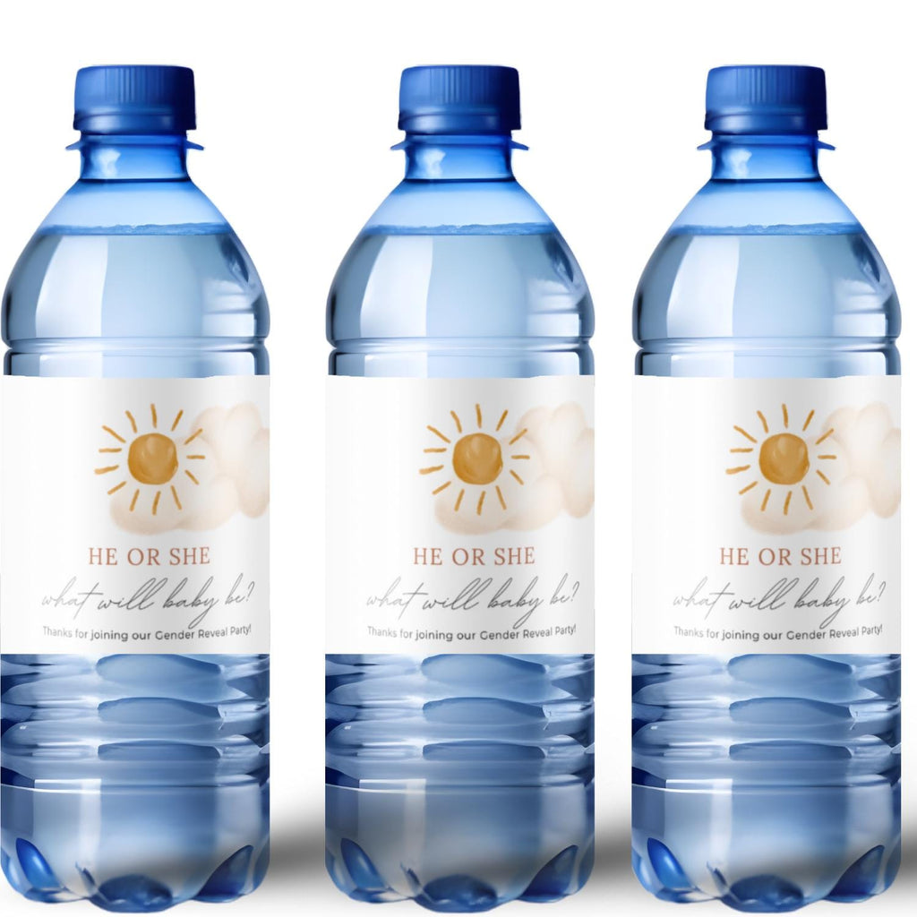 Sun Theme Gender Reveal Water Bottle Labels | He or She Celebration Decor | Gender Reveal Water Bottle Wraps