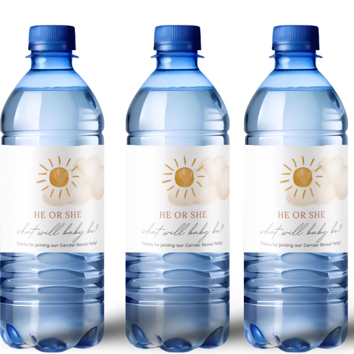 Sun Theme Gender Reveal Water Bottle Labels | He or She Celebration Decor | Gender Reveal Water Bottle Wraps