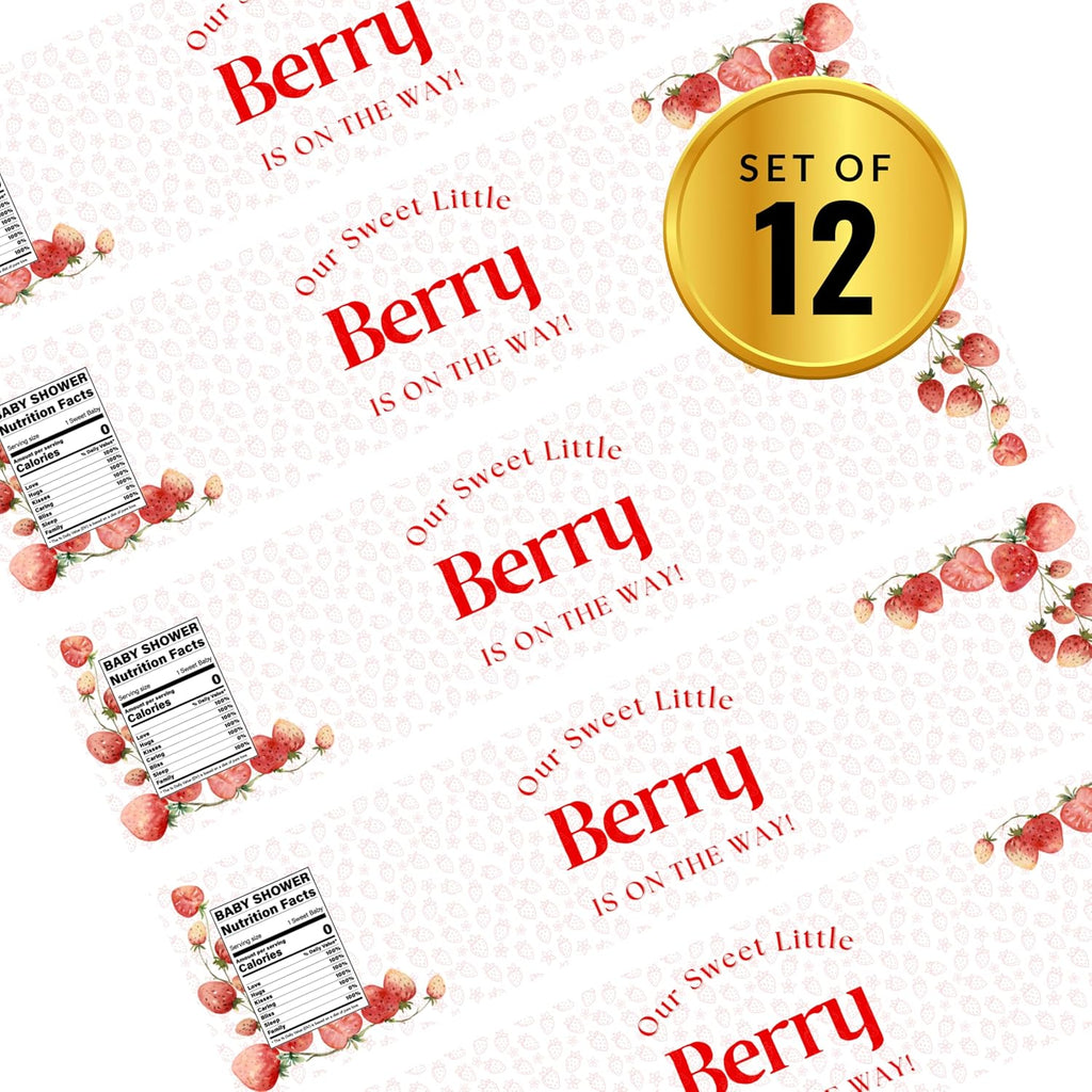 Our Sweet Little Berry is On The Way Water Bottle Labels | Strawberry Baby Shower Theme | Fun Nutrition Facts Panel | 12 PCS | Glossy