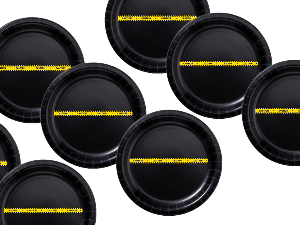 Caution Construction Theme Party Paper Plates Set | Black Tableware | 40 Piece Kit