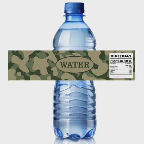 Military Camouflage Water Bottle Labels, Birthday Party Decorations, 8.5x2 in