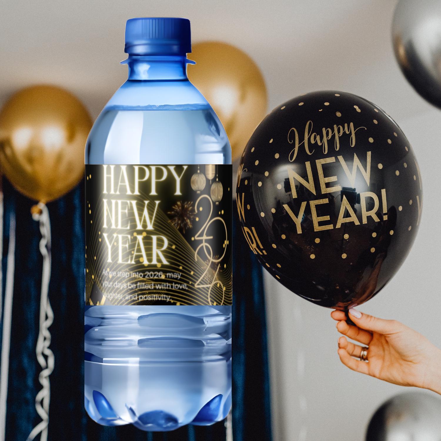 Happy New Years 2026 Water Bottle Labels |New Years Gold Design|12|Glossy| Festive bottle labels