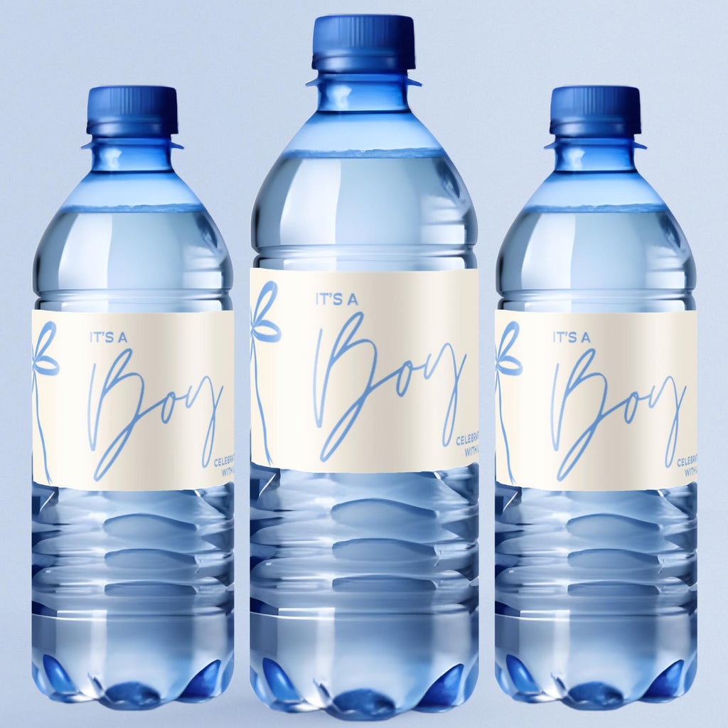 Its a Boy Water Bottle Labels | Baby Shower Party Favors| Blue Ribbon| 12| Glossy|Gender Reveal Bottle Labels