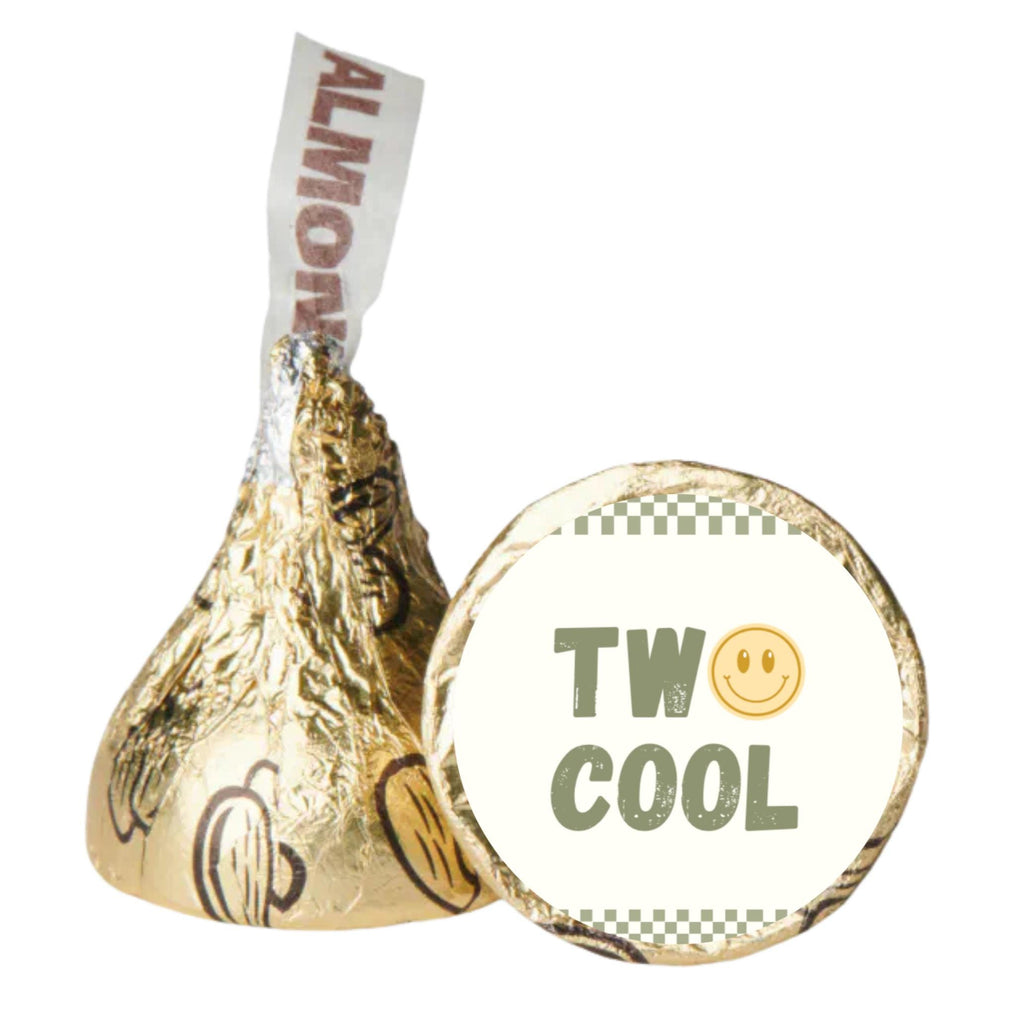 Two Cool Birthday Stickers | 100 Chocolate Candy Kiss Labels | Glossy 0.75in Peel & Stick | Smiley Face