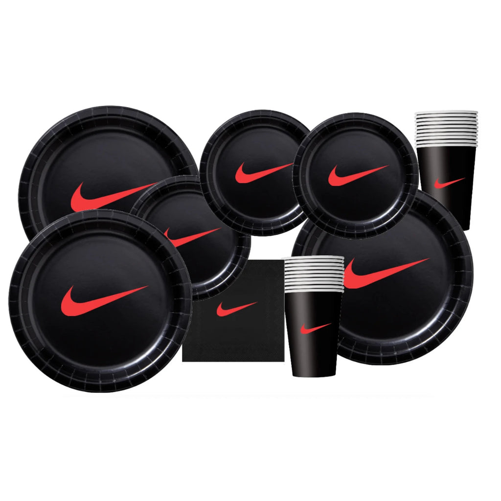 Custom 60 piece Party Pack with Paper Plates, napkins and Cups, Black with Red