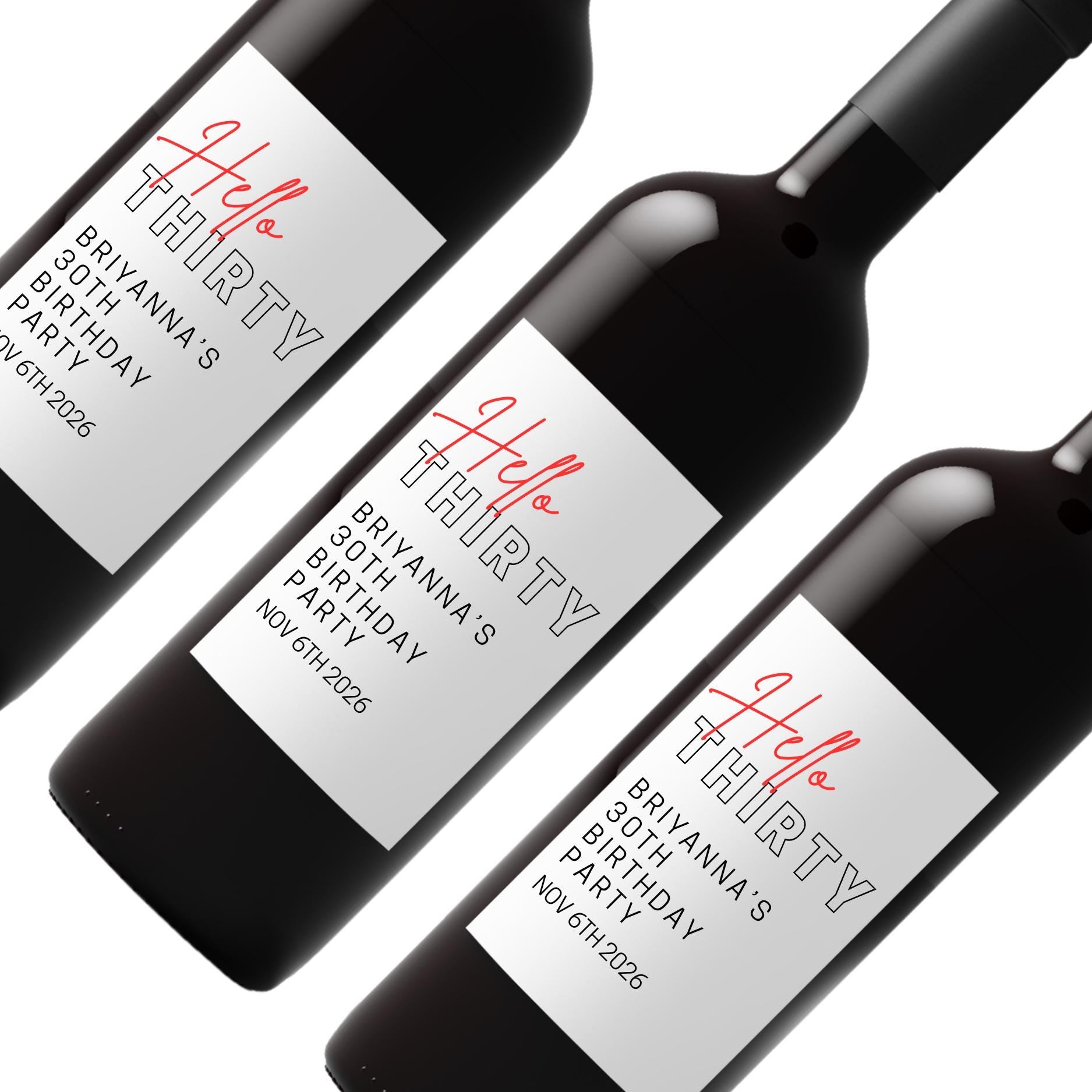 Hello Thirty Wine Labels | 30th Birthday Party Decor | Glossy Finish| 4ct|