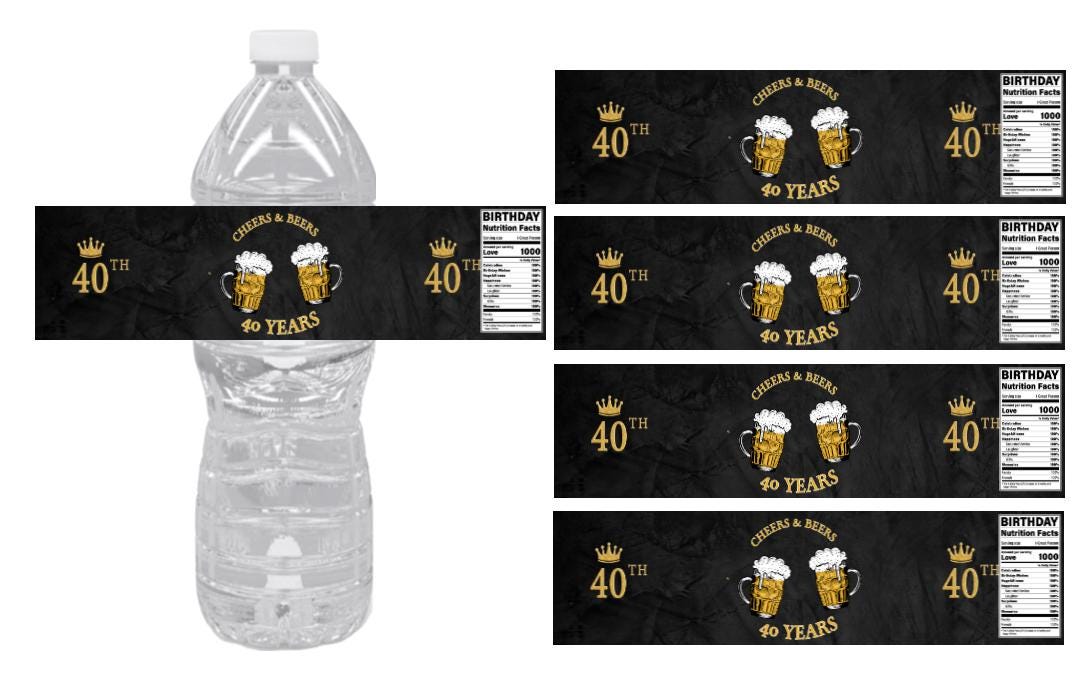 40th Birthday Water Bottle Labels | Set of 12 | Cheers to 40 Years | Party Favors | Black