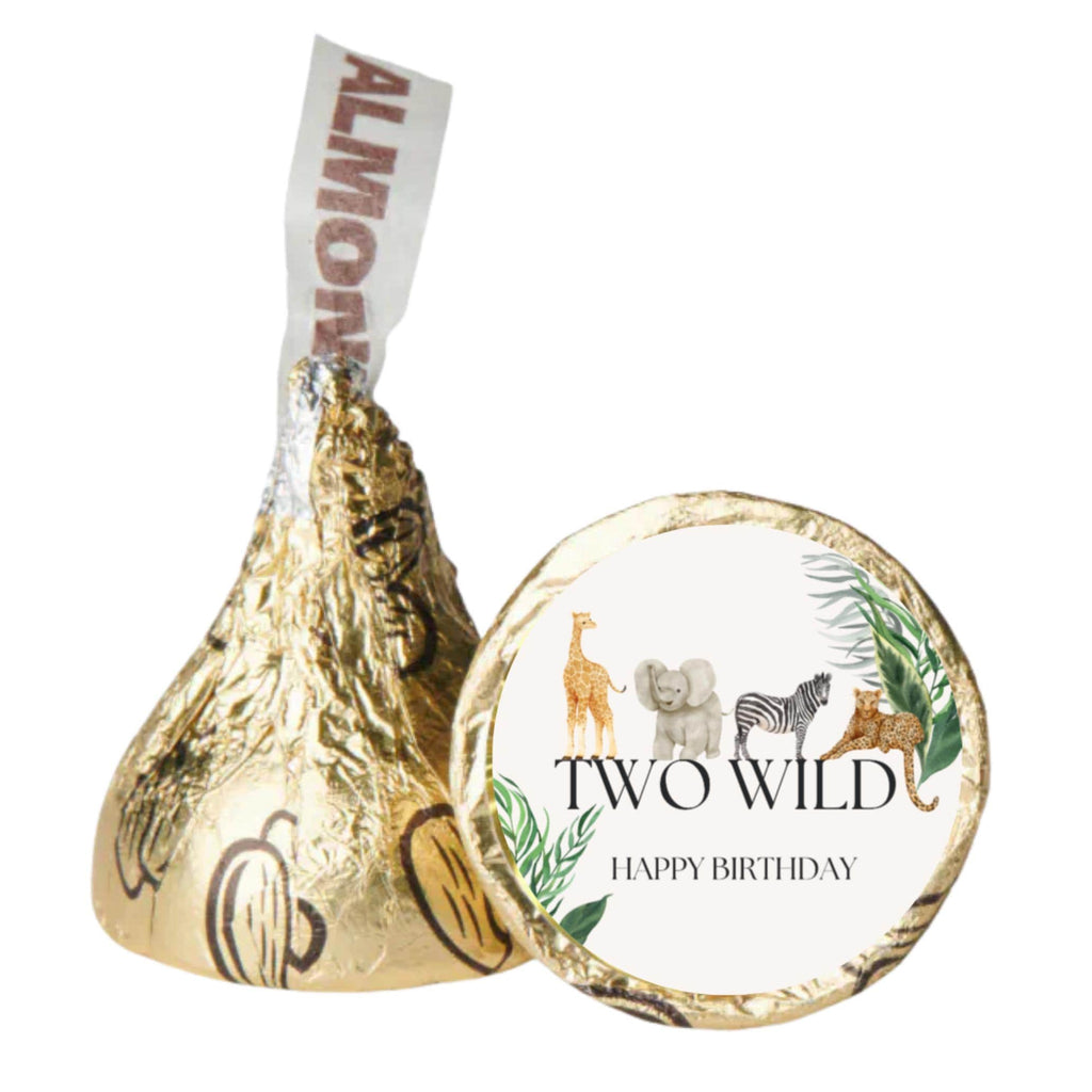 Two Wild Safari Birthday Stickers | 100 Chocolate Candy Kiss Labels | Glossy 0.75in Peel & Stick | Safari Party Table Decorations