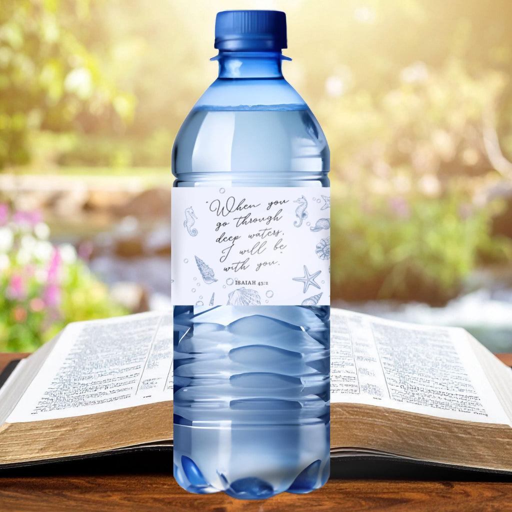 Faith Based Celebration Water Bottle Labels | Inspirational Scripture Favors | Water Bottle Wraps|Glossy|Ocean Theme