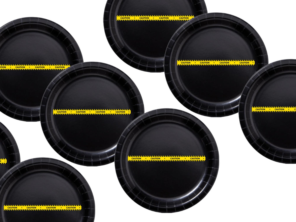 Caution Construction Theme Party Paper Plates Set | Black Tableware | 40 Piece Kit