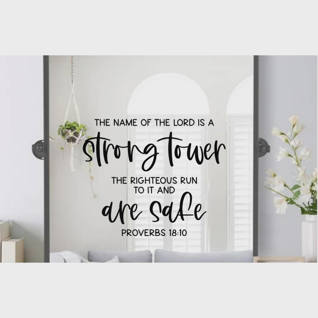 Religious Wall Decal, Proverbs 18:10 Scripture Quote, Strong Tower Bible Verse, 14x11.5 inches