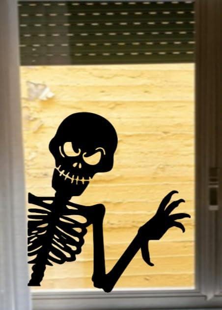 Halloween Peeping Spooky Skeleton Reusable Window Cling Decal, Black Vinyl, Indoor Non-Adhesive Decoration, 13.5 x 11.5 inches