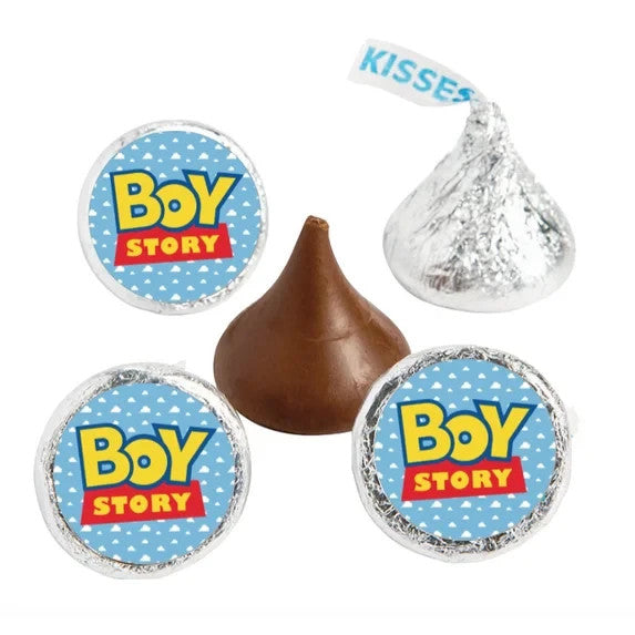 Gender Reveal Kisses Chocolate Candy labels, Boy Story Design Stickers, 100ct