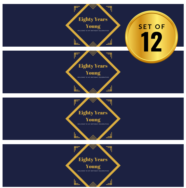 Eighty Years Young Water bottle Labels| Elegant| Set of 12| Milestone Drink Wraps