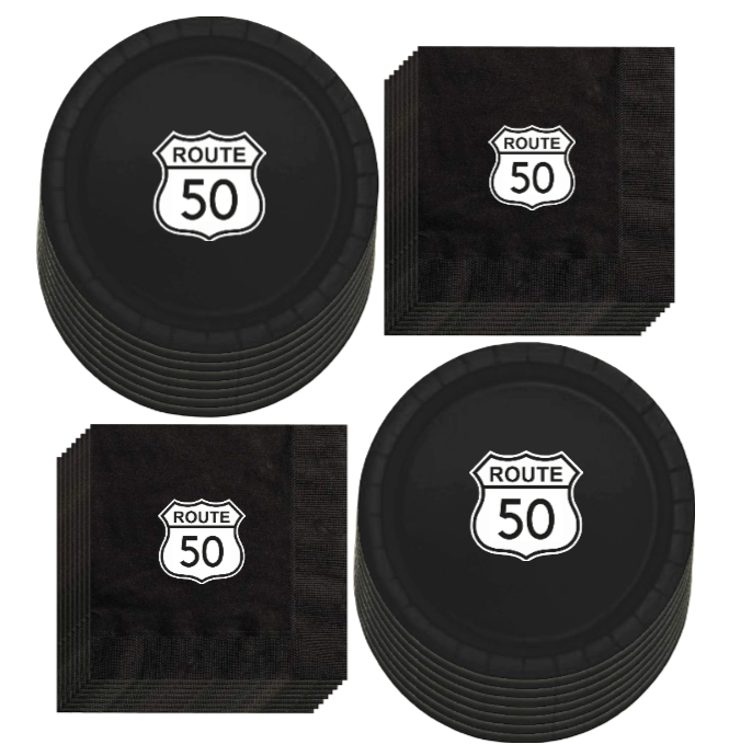 Route 50 Paper Party Plates Set | 50th Birthday Party Decor |Vintage Road Theme | Complete 60pc Party Bundle